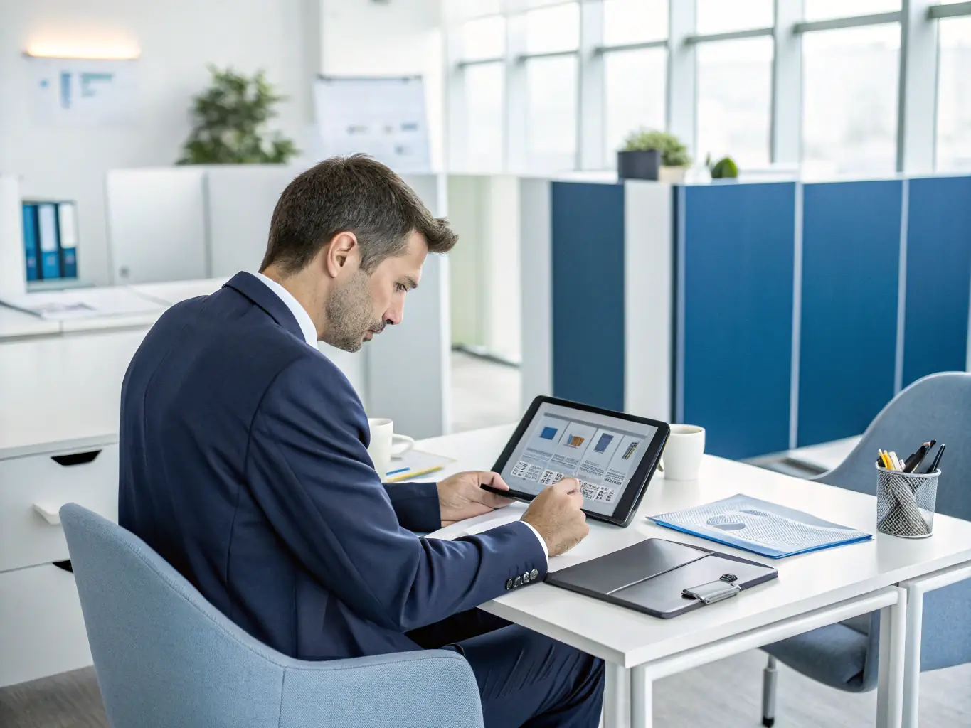 A professional using a tablet to review financial reports in a modern office setting, symbolizing Solutions-Services.Online's commitment to innovative financial solutions.
