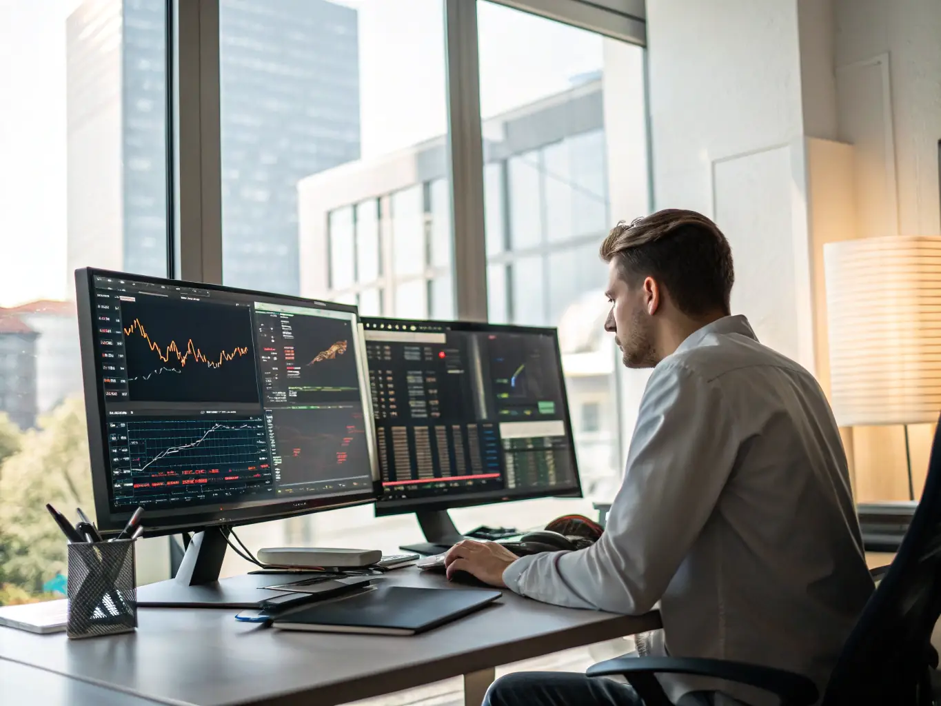 An image of a professional analyzing financial data on multiple screens with charts and graphs, representing Solutions-Services.Online's Financial Analytics service.
